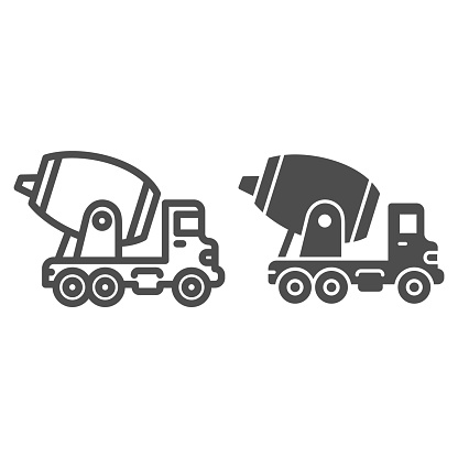 Concrete mixing truck line and solid icon, heavy equipment concept, Construction machine sign on white background, concrete mixer icon in outline style for mobile concept, web design. Vector graphics