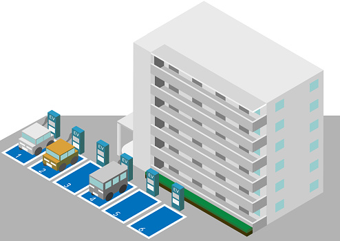 Condominium with parking lot with isometric EV charging spot