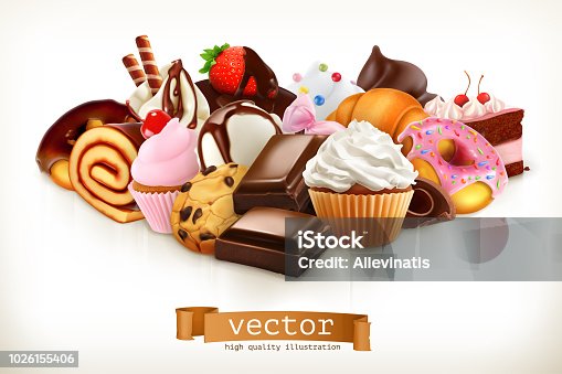istock Confectionery. Chocolate, cakes, cupcakes, donuts. 3d vector illustration 1026155406