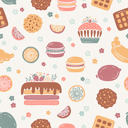 Confectionery Vector Vintage Background. Sweet Food Seamless Pattern. Birthday Chocolate Cake, Cupcake, Croissant, Oatmeal Cookies, Waffles, Macaroon Cookie and Lemon Fruit. Retro Colors.