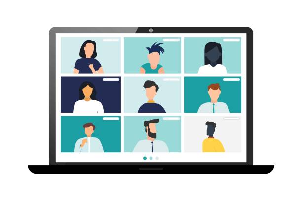 Conference video call, remote project management, quarantine, working from home Conference video call, remote project management, quarantine, working from home device screen illustrations stock illustrations