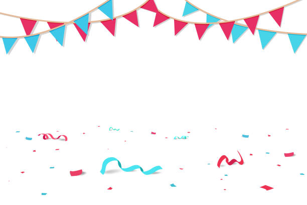 ilustrações, clipart, desenhos animados e ícones de o confetti e as fitas caem no assoalho, fundo sazonal do feriado do partido da celebração - party