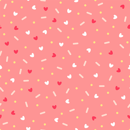 Confetti with hearts. Seamless vector pattern on pink background