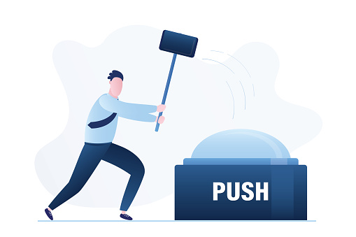 Confident businessman with hammer hitting big button. Start new project or startup. Push the button. Business development, concept banner.