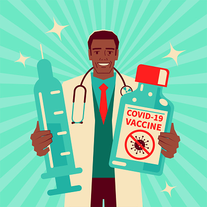 Confident mature doctor wearing a stethoscope holding a big Vaccine bottle and syringe fighting against coronavirus disease