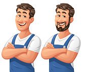 Vector illustration of a young confident repairman, with his arms crossed, wearing blue coveralls, smiling at the camera.