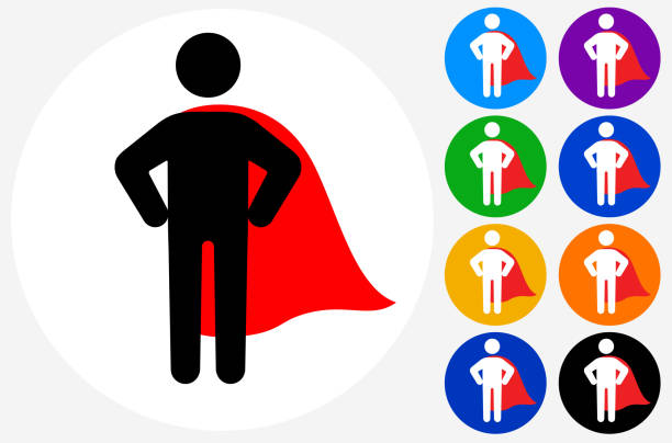Confident Superhero with Cape Icon Confident Superhero with Cape Icon. This 100% royalty free vector illustration is featuring a white round button with a black icon. There are 5 additional alternative variations in different colors on the right. cape stock illustrations