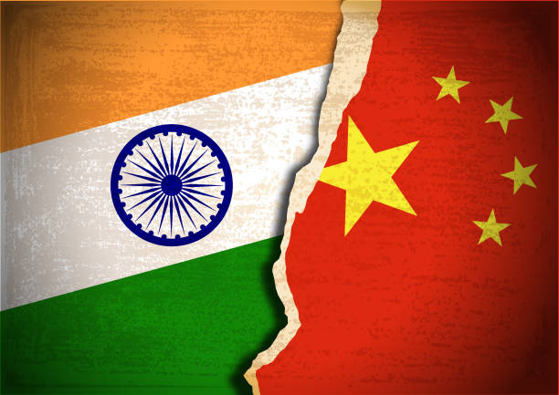 stockillustraties, clipart, cartoons en iconen met het concept van het conflict van de vlag van india en van china - india