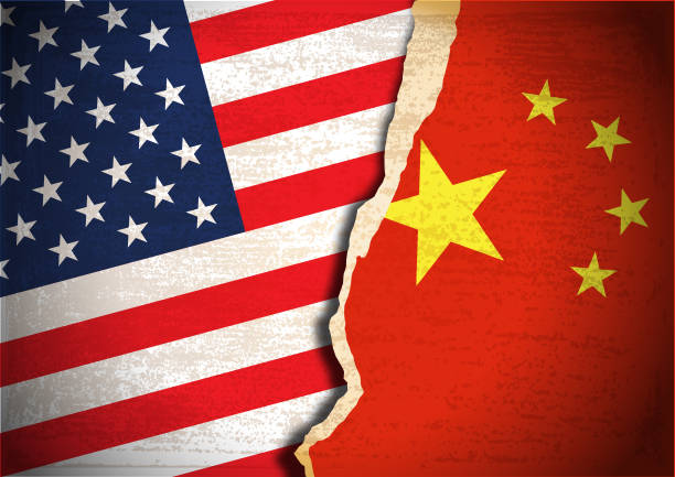 Conflict concept of USA and China flag Vector of Conflict concept of American and Chinese flag background. Grunge textured apply. EPS Ai 10 file format. china stock illustrations