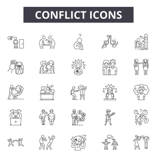 Conflict line icons, signs set, vector. Conflict outline concept, illustration: conflict,business,people,deflat Conflict line icons, signs set, vector. Conflict outline concept illustration: conflict,business,people,deflat conflict stock illustrations