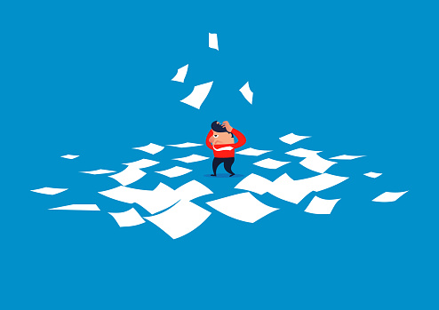 Confused businessman, businessman drowning in countless files