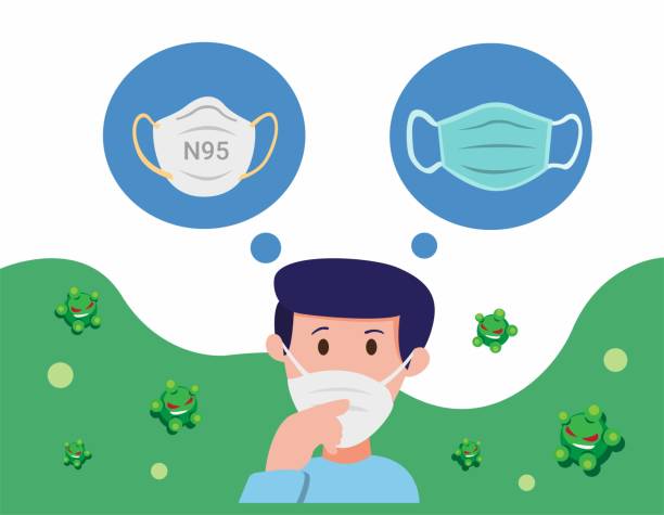 путать человека, выбирающих маску для защиты от вируса и загрязнения окружающей среды, медицинская маска для инфекционного заболевания в м - n95 mask stock illustrations