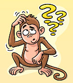 Vector illustration of a cute little monkey sitting on the floor, scratching its head, thinking about a problem. Concept for confusion, problems, problem solving, ideas, thinking and puzzles. 7-4-1