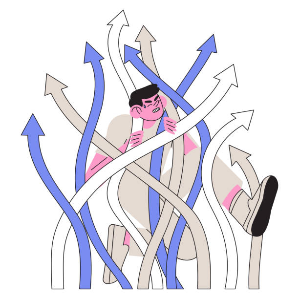 ilustrações de stock, clip art, desenhos animados e ícones de confused person try to make difficult and hard decision or choice. male character search for or figure out right life, business or career path or direction. puzzled man lost way among arrows. - lost first