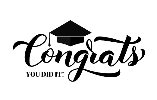 Congrats lettering with graduation cap isolated on white. Congratulations to graduates typography poster.  Vector template for greeting card, banner, sticker, label, t-shirt, etc.