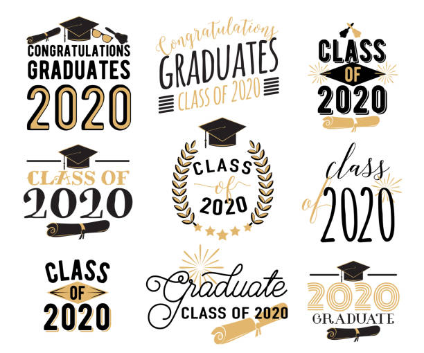 Congratulation graduation wishes overlays, lettering labels design set. Retro graduate class of 2020 badges. Hand drawn emblem with sunburst, hat, diploma, bell. Isolated on white background Congratulation graduation wishes overlays, lettering labels design set. Retro graduate class of 2020 badges. Hand drawn emblem with sunburst, hat, diploma, bell. Isolated on white background. hats off to you stock illustrations