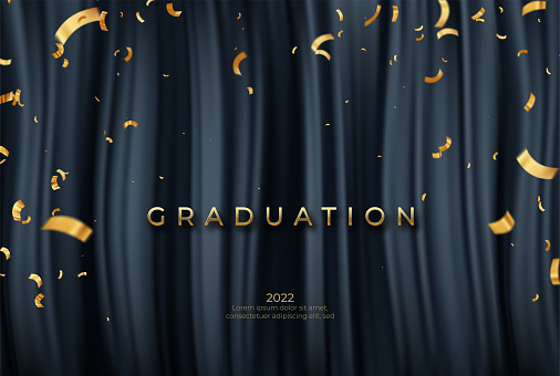 Congratulations Graduate template with golden ribbons on black drapery background. Vector illustrator