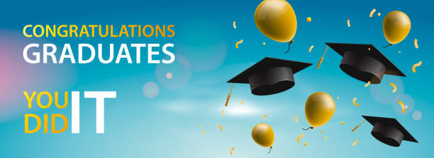 Congratulations Graduates 2019, caps, balloons and confetti on a blue sky background. Caps thrown up. Celebration background, vector illustration. Congratulations Graduates 2019, caps, balloons and confetti on a blue sky background. Caps thrown up. Celebration background, vector illustration. graduation backgrounds stock illustrations