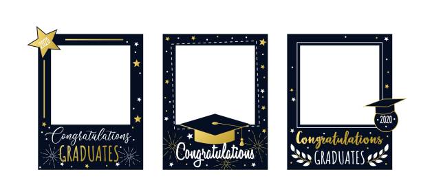 Congratulations graduates 2020 frame set Congratulations graduates 2020 frame set vector illustration. Colorful photo booth with festive stars and teaching attributes, bachelor caps and golden font inscription. End of school concept selfie patterns stock illustrations