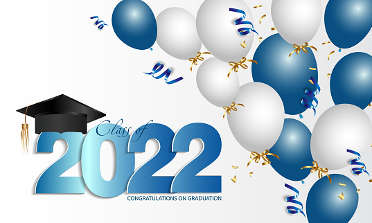 Congratulations graduation. Class of 2022. Graduation cap and confetti and balloons. Congratulatory banner. Academy of Education School of Learning.
