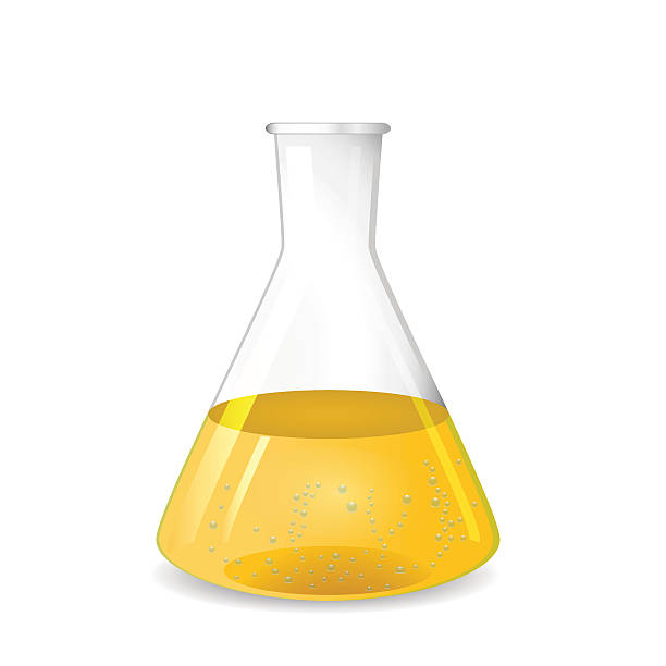 Conical flask with chemical colored solution and  bubbles vector art illustration