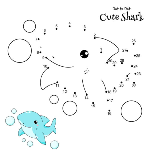 Connect The Dots and Draw Cute Shark. Dot to dot puzzle. Educational Game for Kids Connect The Dots and Draw Cute Shark. Dot to dot puzzle with cartoon little shark. Educational Game for Kids. Drawing for Preschool children.Vector Illustration EPS8 printable of fish drawing stock illustrations