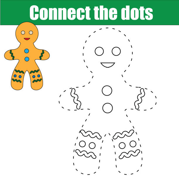 Connect the dots children educational game. Printable worksheet activity. New Year, Christmas holidays theme Connect the dots children educational drawing game. handwriting game for kids. Printable worksheet activity for New Year, Christmas holidays theme gingerbread man coloring page stock illustrations