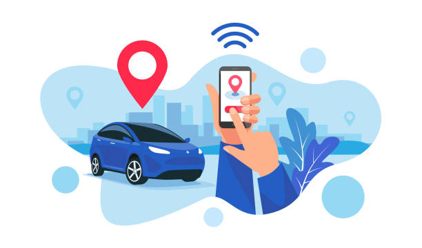 Connected Car Parking Sharing Service Remote Controlled Via Smartphone App vector art illustration