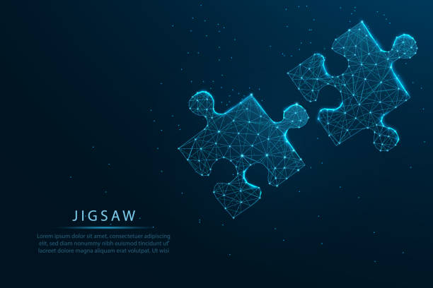 connecting a jigsaw puzzle with glowing blue. Low polygon, particle, and triangle style design.Wireframe light connection structure, Business solutions, success, and strategy concept. vector art illustration