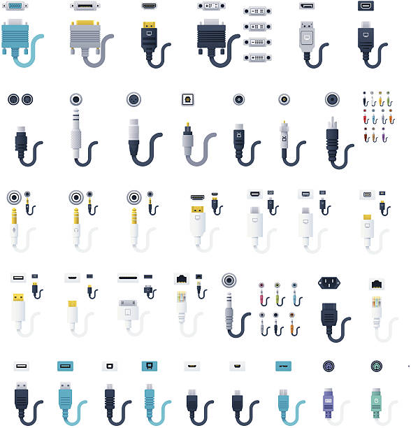 Connectors, jacks and sockets Set of the electrical connectors and sockets computer cable stock illustrations