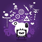 A evil television surrounded by conspiracy icons: airplanes, helicopters, skull, death, world, money, knife, murder, time, wealth, money, eyes, moon, petroil, god, love, heart, snake, poison, network. Very crazy and abstract.