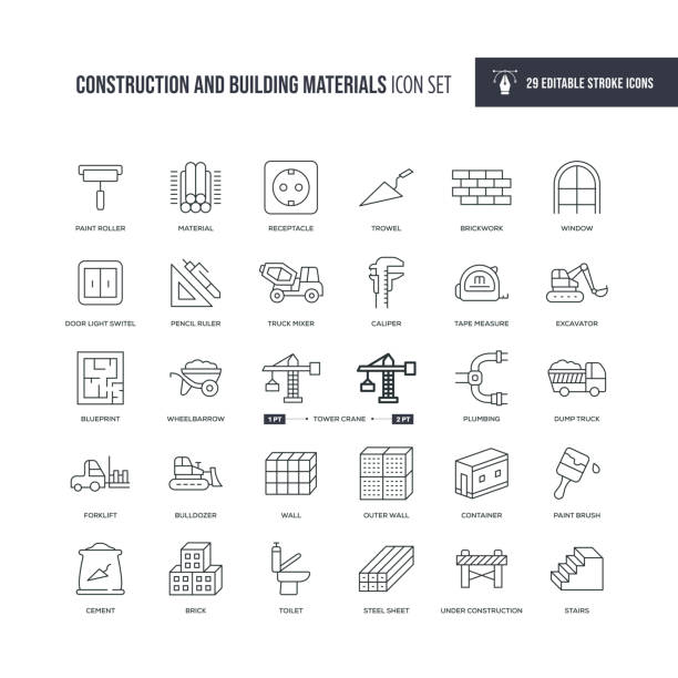 ilustrações, clipart, desenhos animados e ícones de ícones da linha de traçado editável de construção e materiais de construção - construção civil