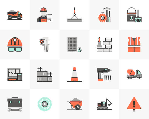Construction Building Futuro Next Icons Pack Flat line icons set of construction building, civil engineering. Unique color flat design pictogram with outline elements. Premium quality vector graphics concept for web, logo, branding, infographics. concrete drawings stock illustrations