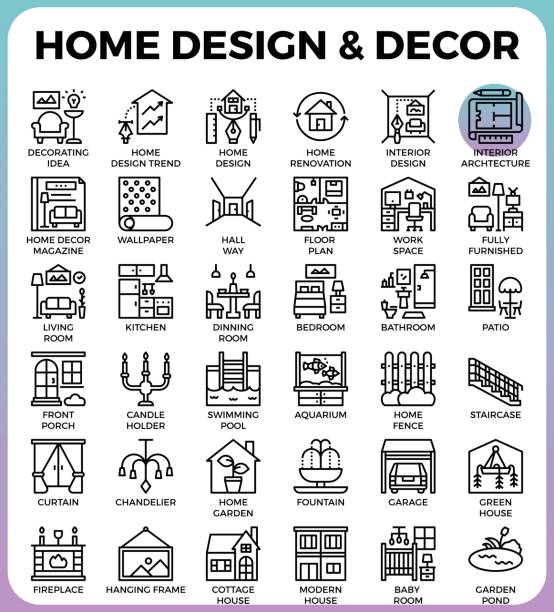 Construction & Buildings icons Home Design and Decor concept detailed line icons set in modern line icon style concept for ui, ux, web, app design bed furniture borders stock illustrations