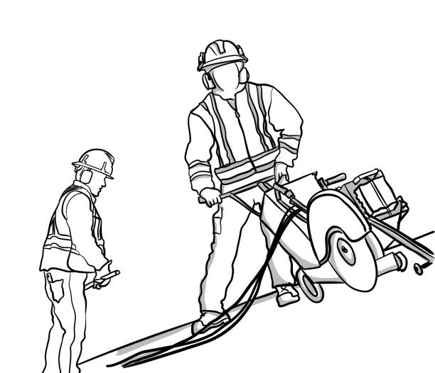Construction Concrete Saw Construction worker using a concrete saw, vector illustration concrete clipart stock illustrations