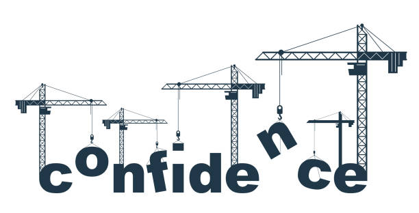 Construction cranes builds Confidence word vector concept design, conceptual illustration with lettering allegory in progress development, stylish metaphor of psychology. vector art illustration