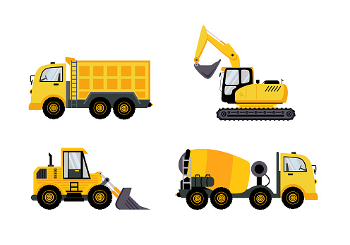Construction flat element set design, collection of vehicle equipment with truck, excavator, bulldozer, and cement car or dumper. Yellow and black isolated on white background, illustration collection