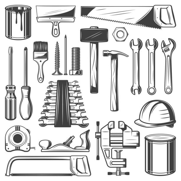 Construction, house repair or carpentry tool icons Construction and house repair tool retro icons. Screwdriver, hammer and spanner, wrench, paint and brush, saw, spatula and measure tape, screw, nail and hard hat, jack plane and clamp sketch nail work tool stock illustrations