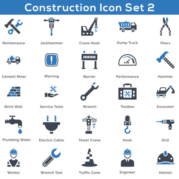 bildbanksillustrationer, clip art samt tecknat material och ikoner med construction icon set 2 (blue series) - grävmaskin