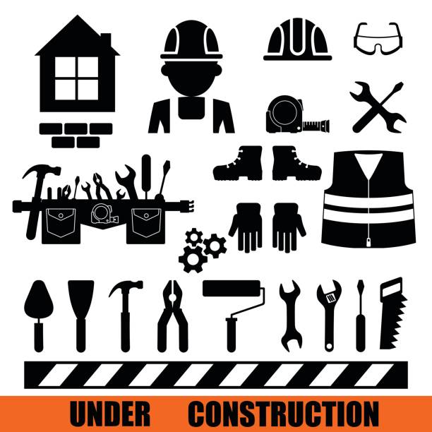 construction icon set Set of construction tools icons.Conceptual image of tools for repair, construction and builder. Concept image of work wear. Cartoon flat vector illustration. Objects isolated on a background. tool belt stock illustrations
