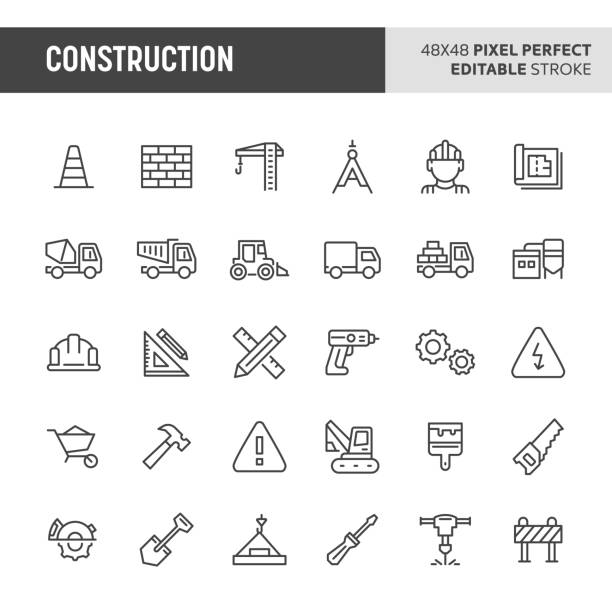 Construction Icon Set 30 thin line icons associated with construction. Symbols such as crane, working tools, transportation and construction sign are included in this set. 48x48 pixel perfect vector icon & editable vector. construction equipment stock illustrations