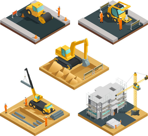 construction isometric composition Isometric building and road construction compositions set with transport equipment and workers isolated on white background vector illustration construction stock illustrations