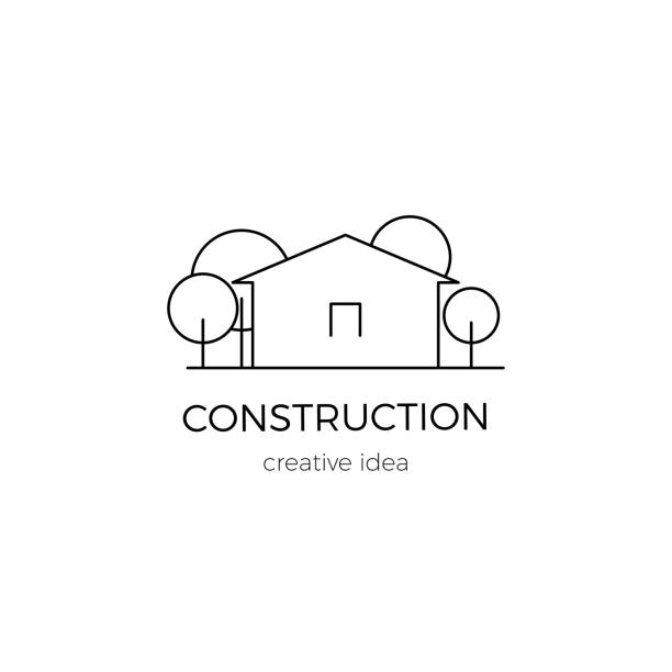 Construction logo template Vector thin line icon, construction logo template illustration. House silhouette with trees. For building company, real estate agency. Black on white isolated symbol. Simple mono linear modern design. architecture clipart stock illustrations