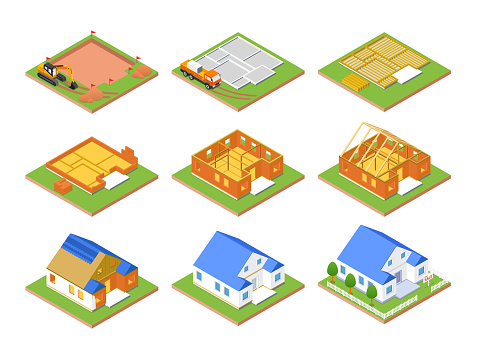 Construction plan - set of vector colorful isometric elements