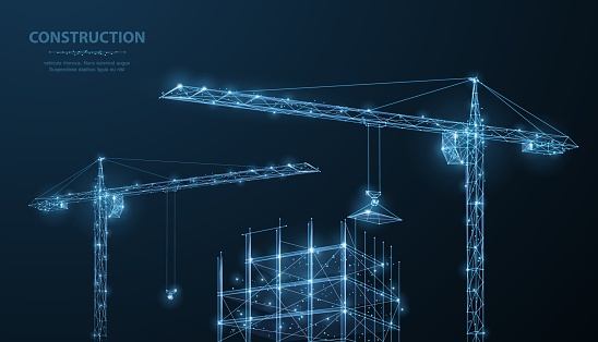 Construction. Polygonal wireframe building under crune on dark blue night sky with dots, stars.
