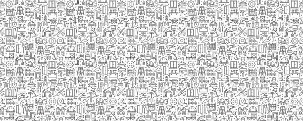 Construction Related Seamless Pattern and Background with Line Icons Construction Related Seamless Pattern and Background with Line Icons mechanic patterns stock illustrations