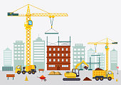 Construction site flat landscape, building a house and apartment- vector illustration element, design of crane, truck, excavator, and architecture material for constructions. Equipment for contractor.