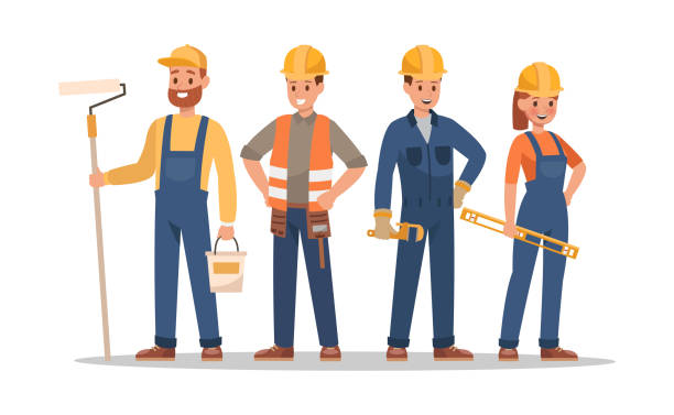 projekt postaci pracowników budowlanych. należą do nich foreman, malarz, elektryk, pejzażysta, stolarz. zespół specjalistów. - builder stock illustrations