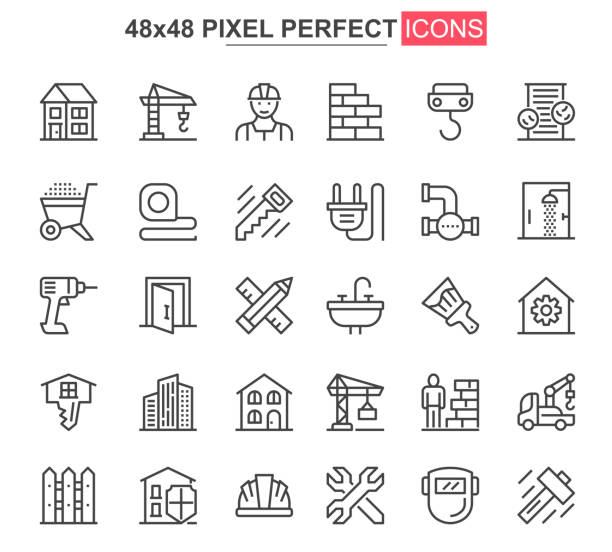 Construction thin line icons set. Construction site workflow and management unique design icons. Machinery and building equipment outline vector bundle. 48x48 pixel perfect Construction thin line icons set. Construction site workflow and management unique design icons. Machinery and building equipment outline vector bundle. 48x48 pixel perfect linear pictogram pack. construction industry stock illustrations