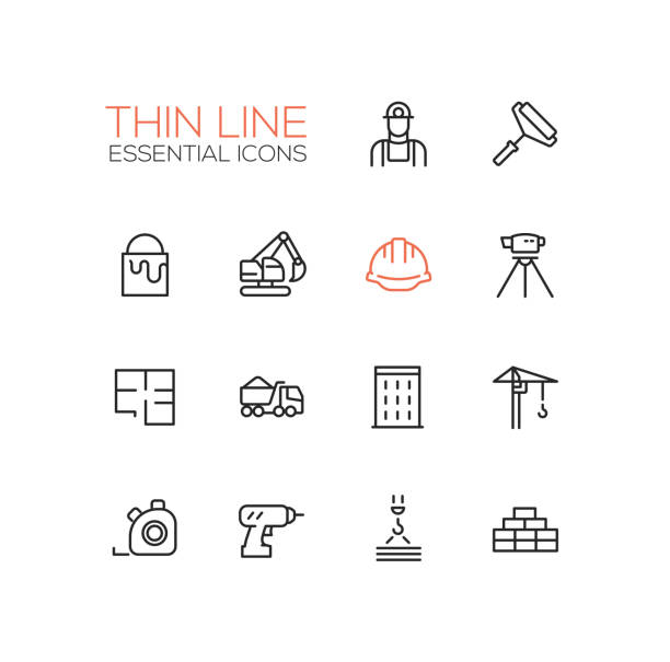 Construction - Thin Single Line Icons Set Construction - modern vector simple thin line design icons and pictograms set. Worker, roller, paint, excavator, hard cap, survey, plan, truck, building, crane drill bricks steel tape crane machinery stock illustrations